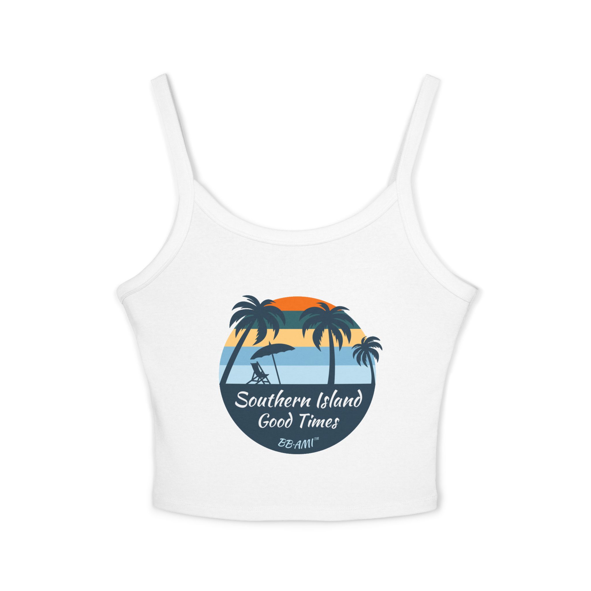 Palm Tree Southern Island Good Times Free Form Spaghetti Strap Tank Top BB-AMI Collection